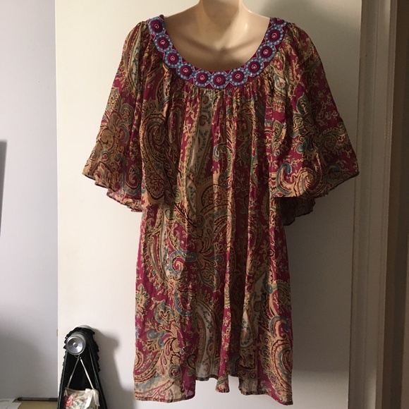 Vintage 1970's Indian Cotton Flutter Wide Sleeve Mini Dress M / L - Picture 3 of 3